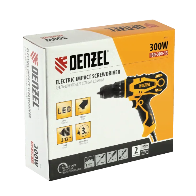 Дрель-шуруповерт сетевая ударная DENZEL ISD-300-13 10533903
